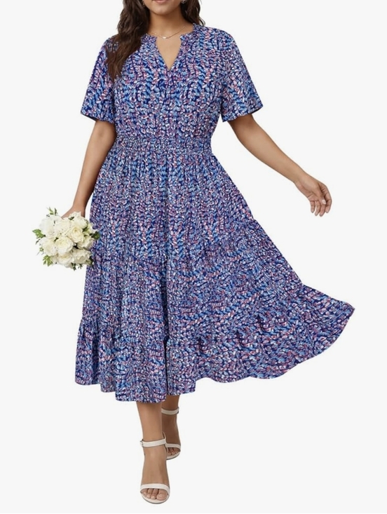 Dresses & Skirts - Blue Floral Midi Dress with Smocked Waist